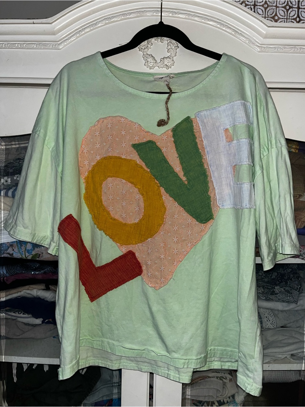 💚magnolia P inspired Sage + Fig Mint Green LOVE Patchwork Appliqué T shirt Large